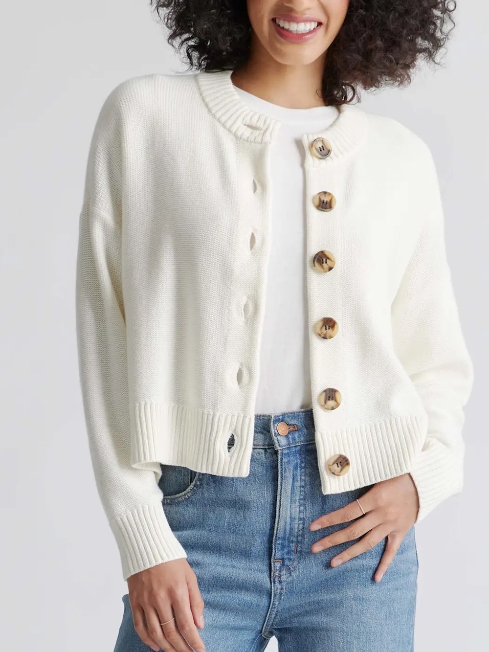 Quince Small Off White 100% Organic Cotton Cropped Button Down Cardigan B10
